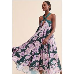 Anthropologie Green and Purple Floral Midi Dress